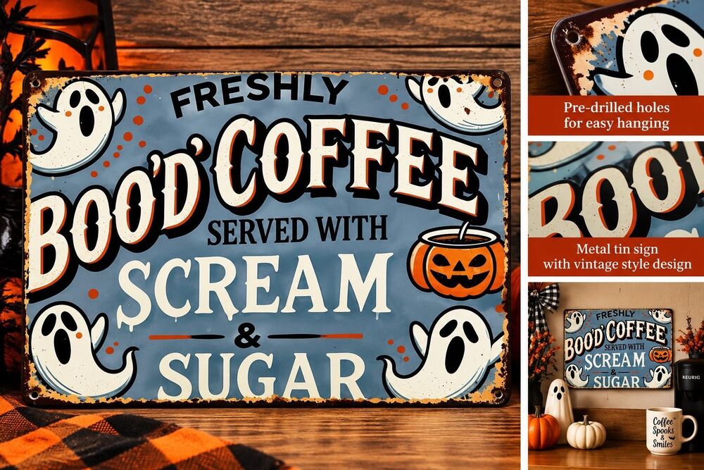 Halloween Boo’d Coffee Scream & Sugar Metal Tin Sign 8x12 New